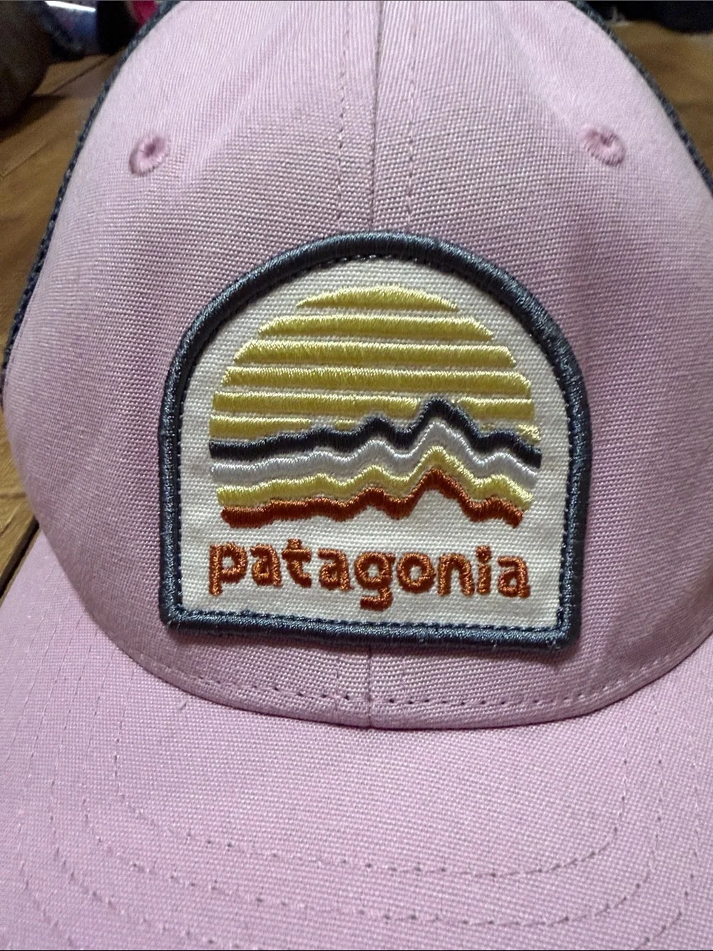 Patagonia Pink and Teal Mesh Trucker Hat with Sunset Patch